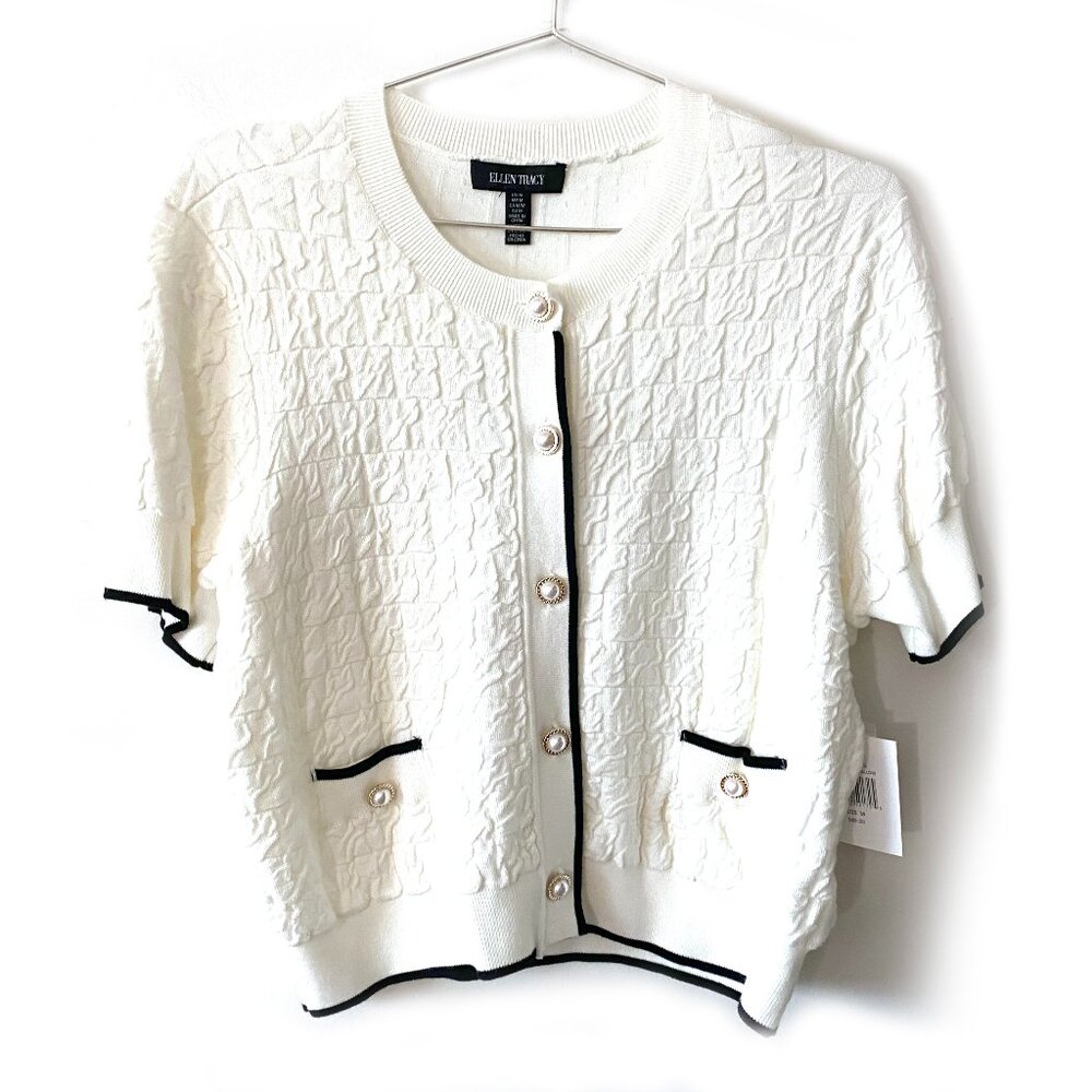 NWT Ellen Tracy Ladies Pearl button front short sleeve White Cardigan Sweater, M
